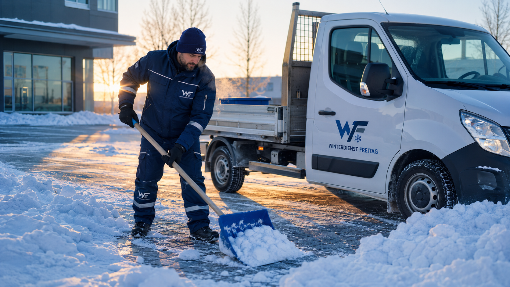 Winterdienst-Einsatz auf einer geräumten und gestreuten Gewerbefläche im Winter