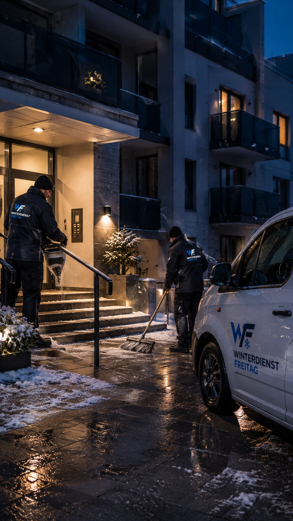 Manuelle Schneeräumung an einem Eingang bei winterlichen Bedingungen