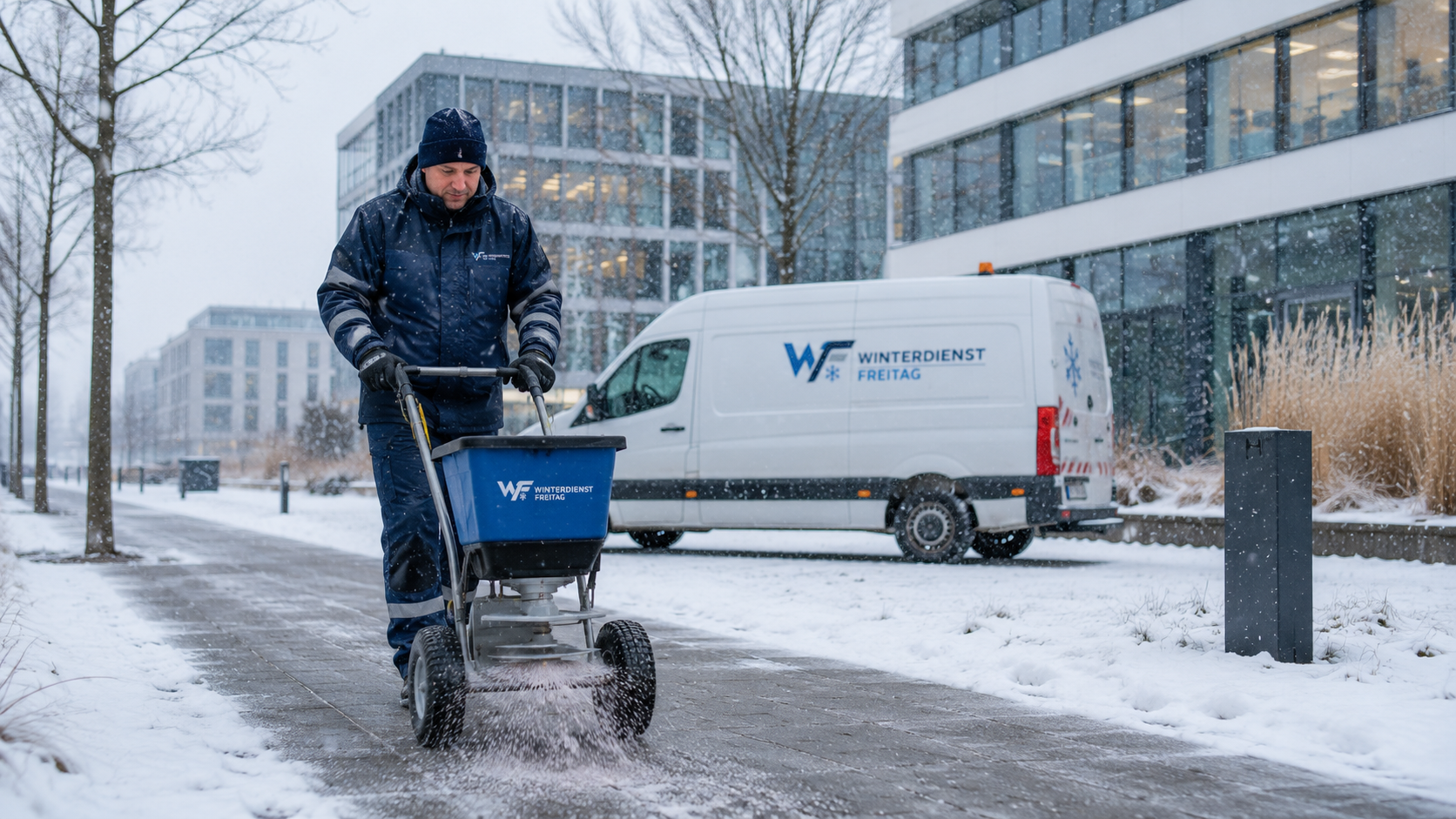 Eisbeseitigung auf einer vereisten Treppe im Außenbereich